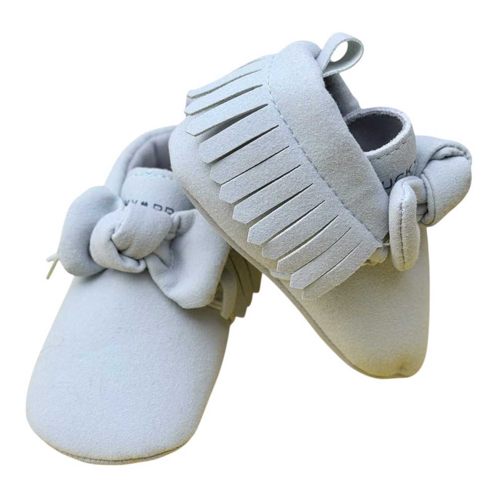 Boho Chic Lucky Brand Moccasin Booties Size 2 Light‎ Blue Faux Suede Fringe Bow